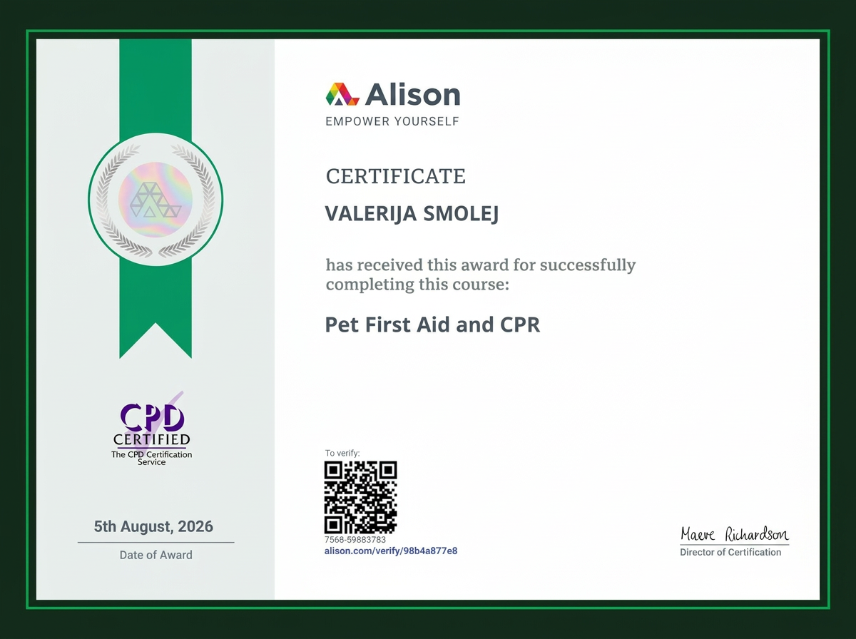 Certifikat Pet First Aid and CPR