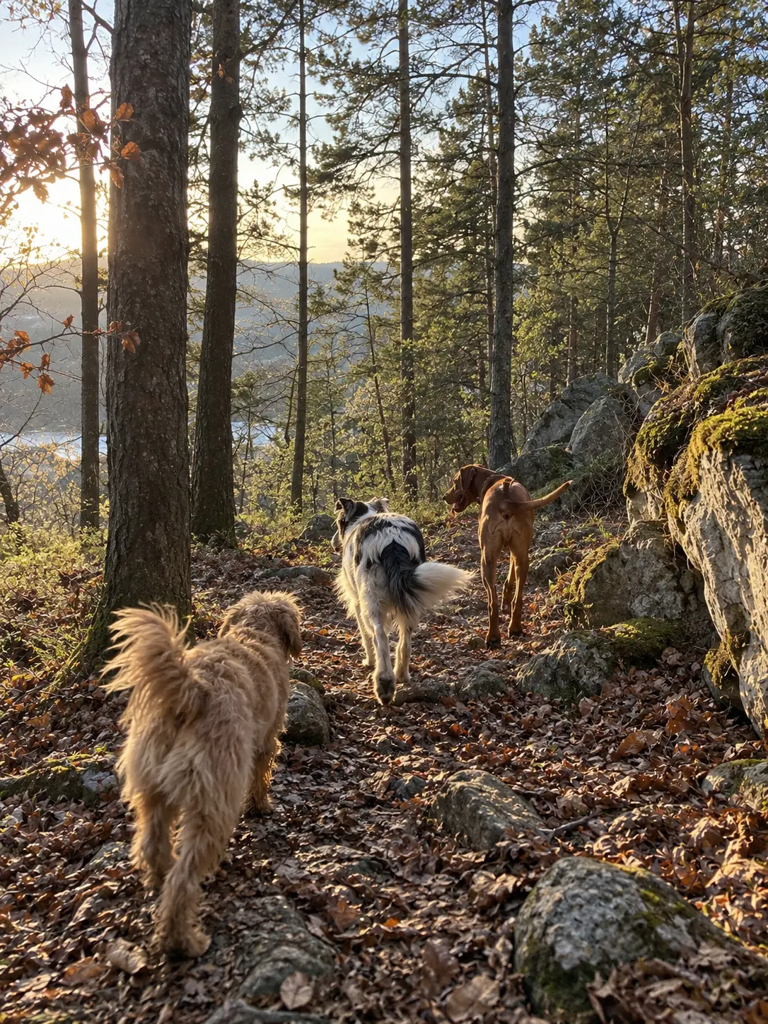 Trije psi na gozdni poti